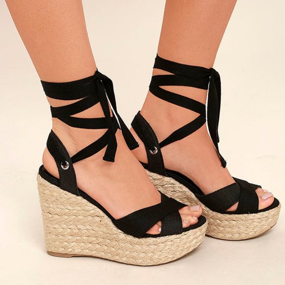 black tie up espadrille wedges